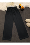Bol Paça Beli Lastikli Bağcık Detaylı Kot Pantolon-Siyah