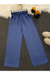 Bol Paça Beli Lastikli Bağcık Detaylı Kot Pantolon-Mavi